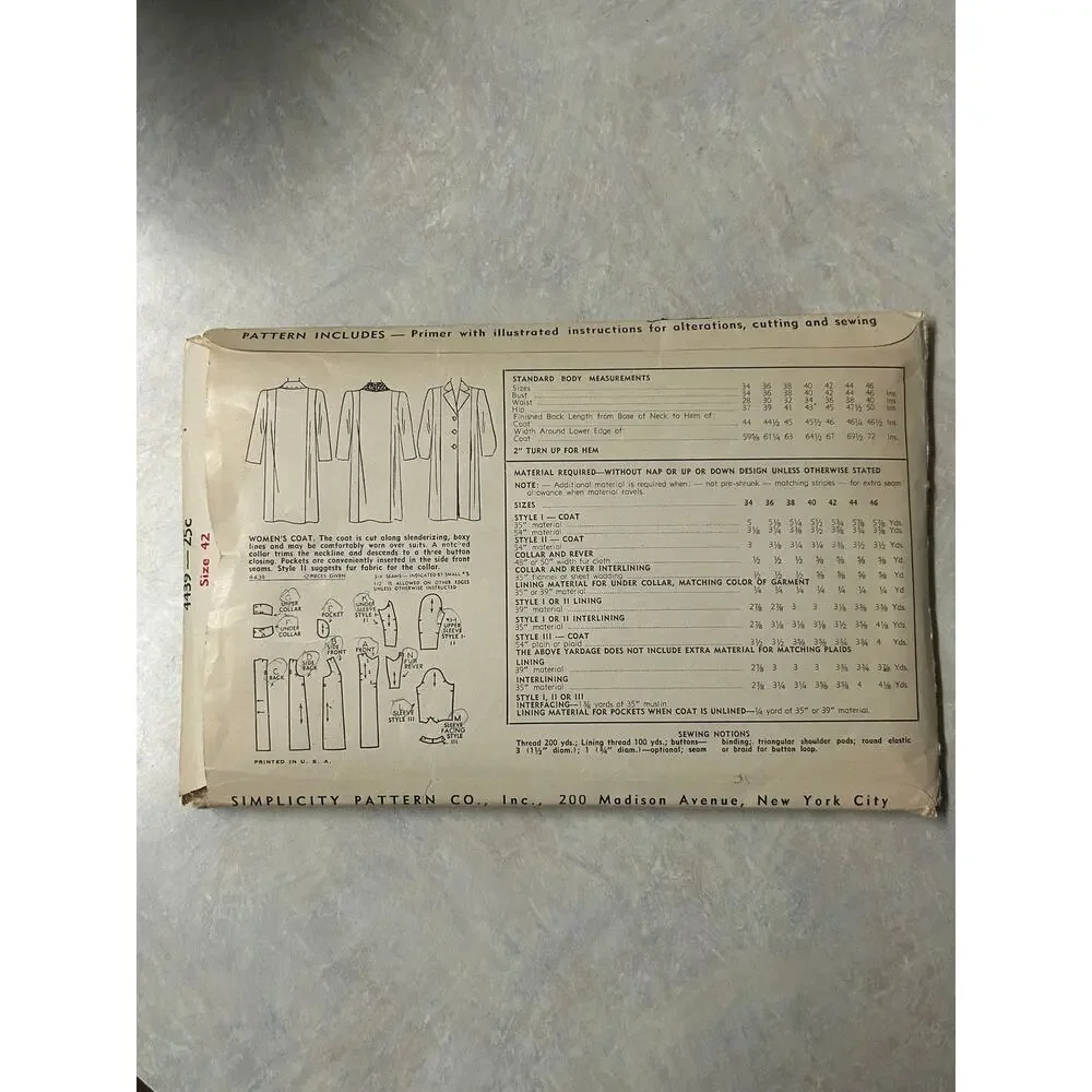 Vintage 30-s-40's Simplicity‎ Pattern #4439 Women's Coat Size 42 HTF RARE